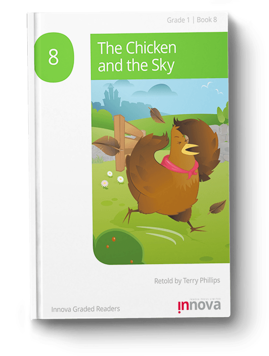 Innova Press The Chicken and the Sky cover, cartoon chicken in red scarf running across field