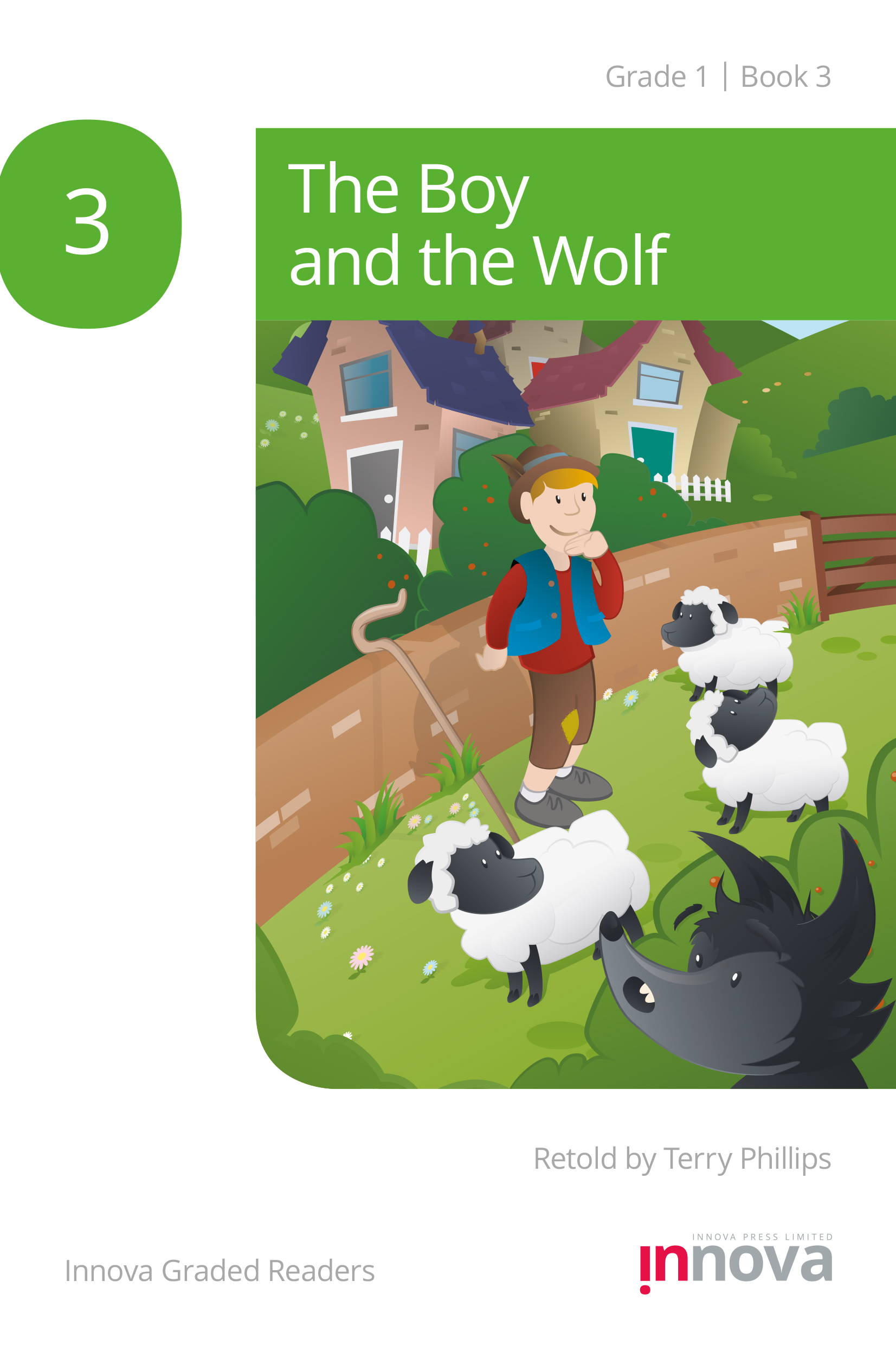 Innova Press The Boy and the Wolf cover, wolf is behind a bush watching a boy with some sheep