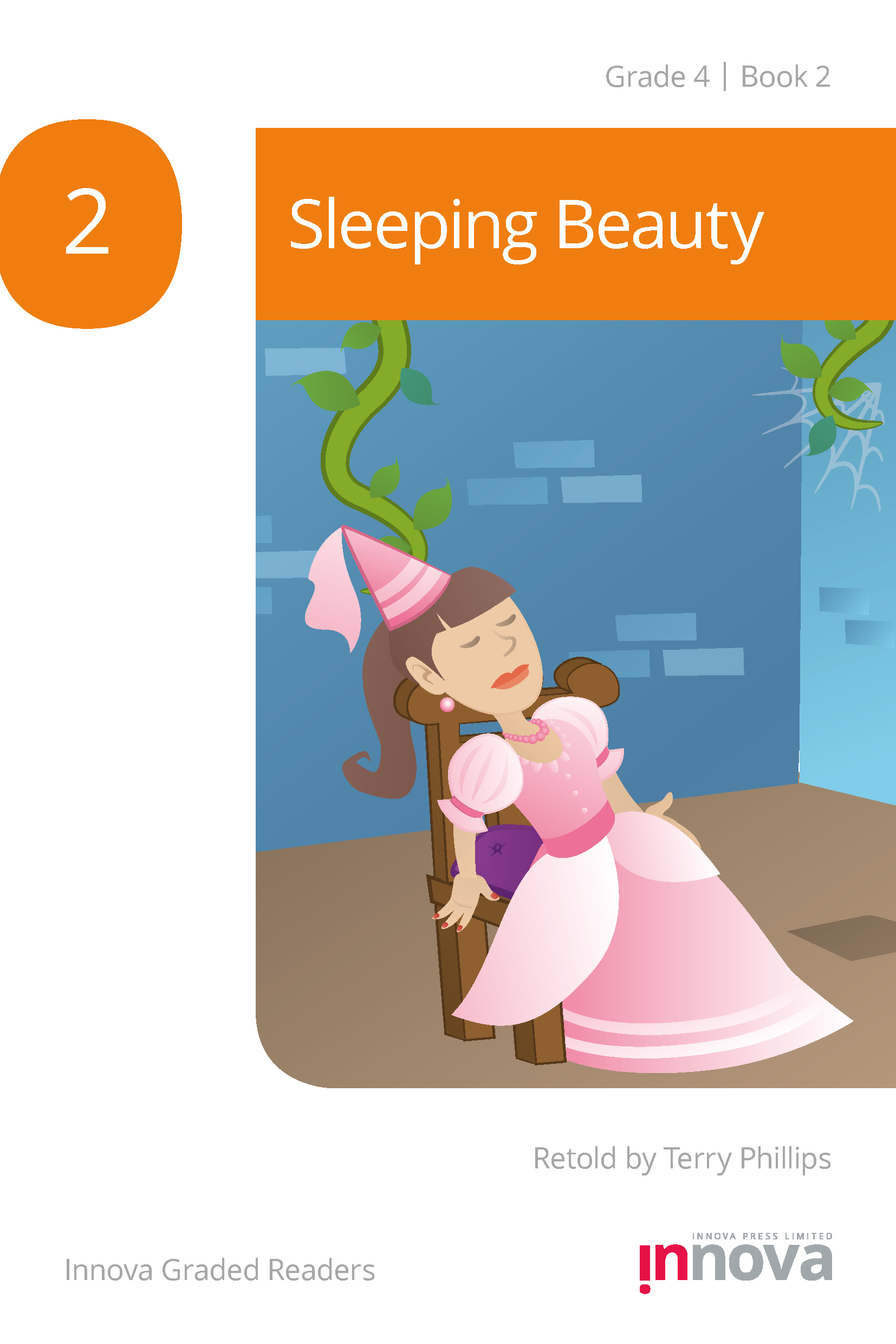 Innova Press Sleeping Beauty cover, girl in pink dress and cone hat sleeps in a chair